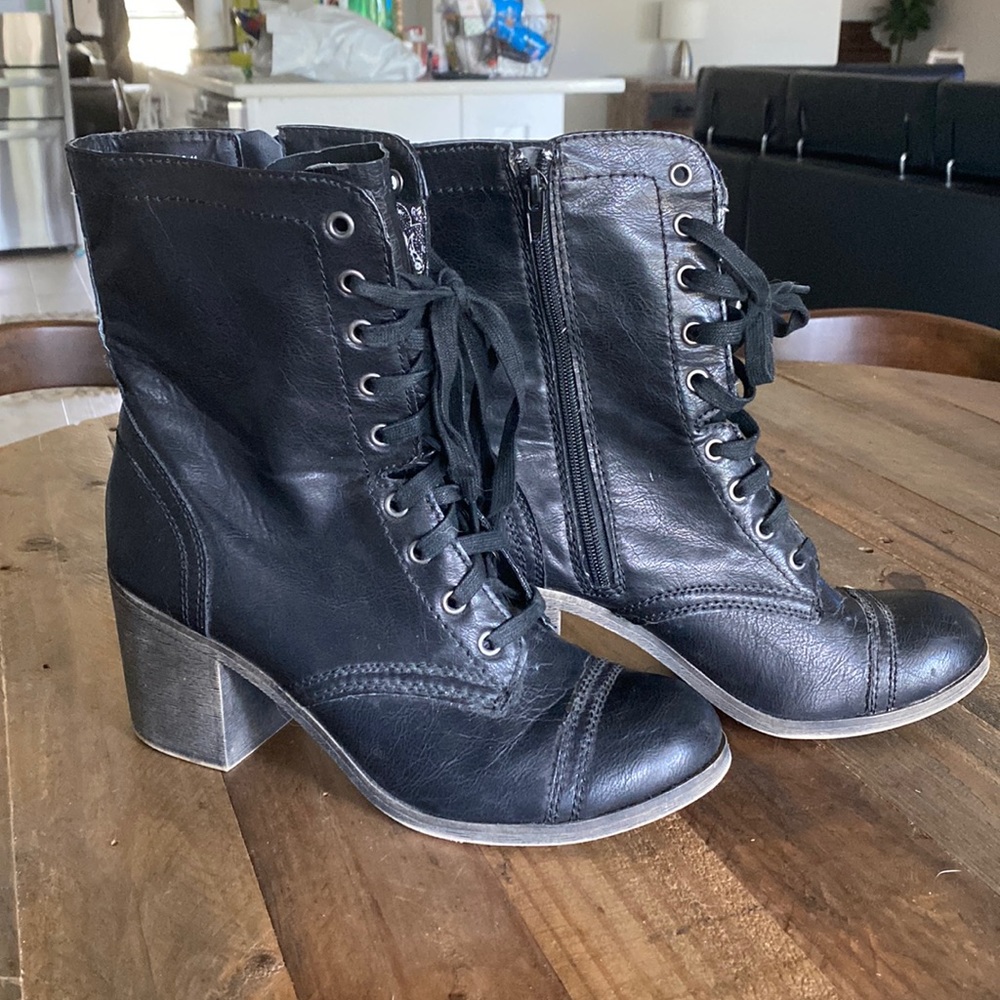Rock & Candy Black Lace Up Moto Booties Chunky Heel Size 11